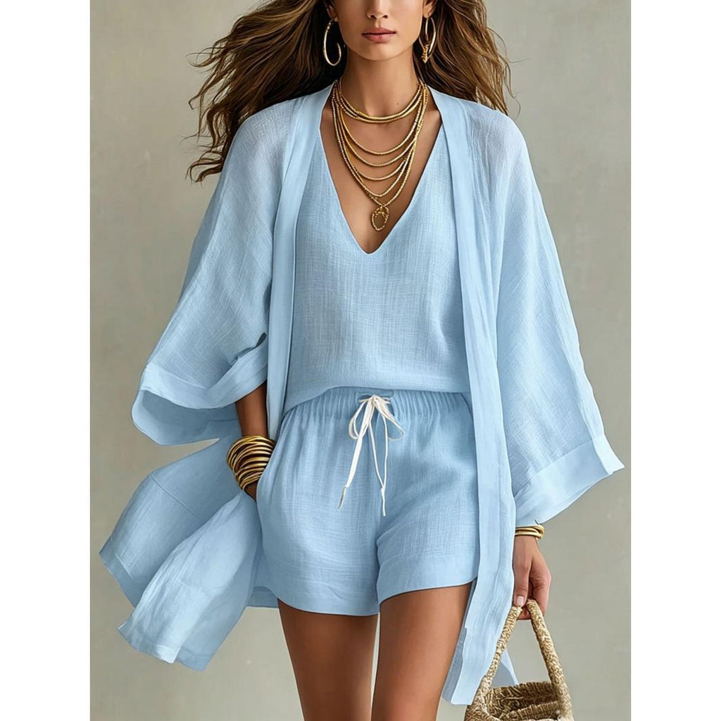 Women's three-piece set: loose-fitting mid-length cardigan, sleeveless vest, and shorts for casual wear