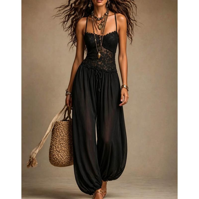 Women's 2026 New Bohemian Style Black Strap Chiffon Summer Sexy Lace Jumpsuit 10723