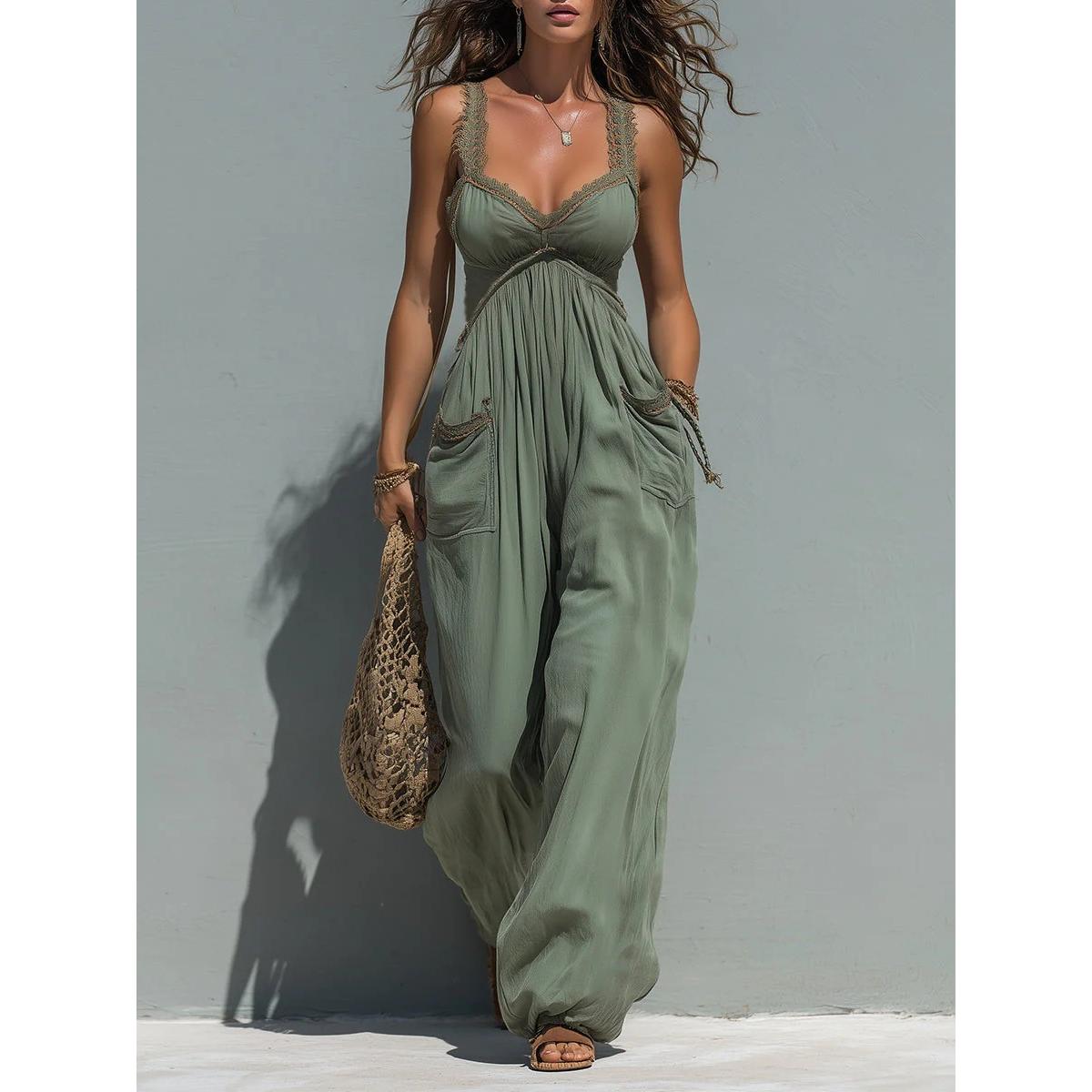 Women's Boho Lace Trim Wide-Leg Jumpsuit