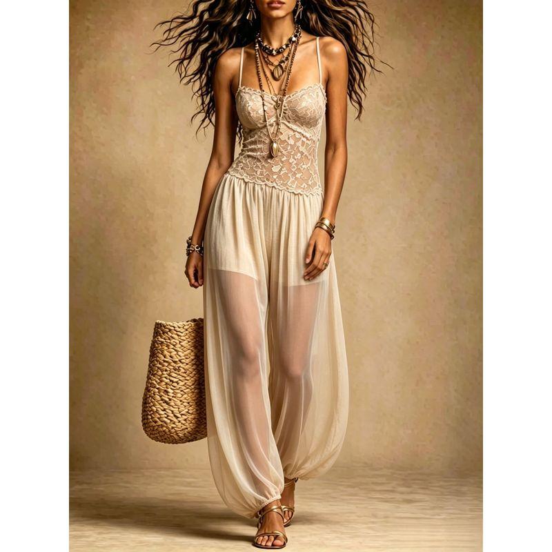 Women's 2026 New Bohemian Style Black Strap Chiffon Summer Sexy Lace Jumpsuit 10723