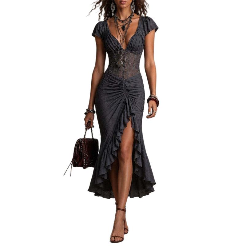 Vintage Short Sleeve Lace Maxi Dress