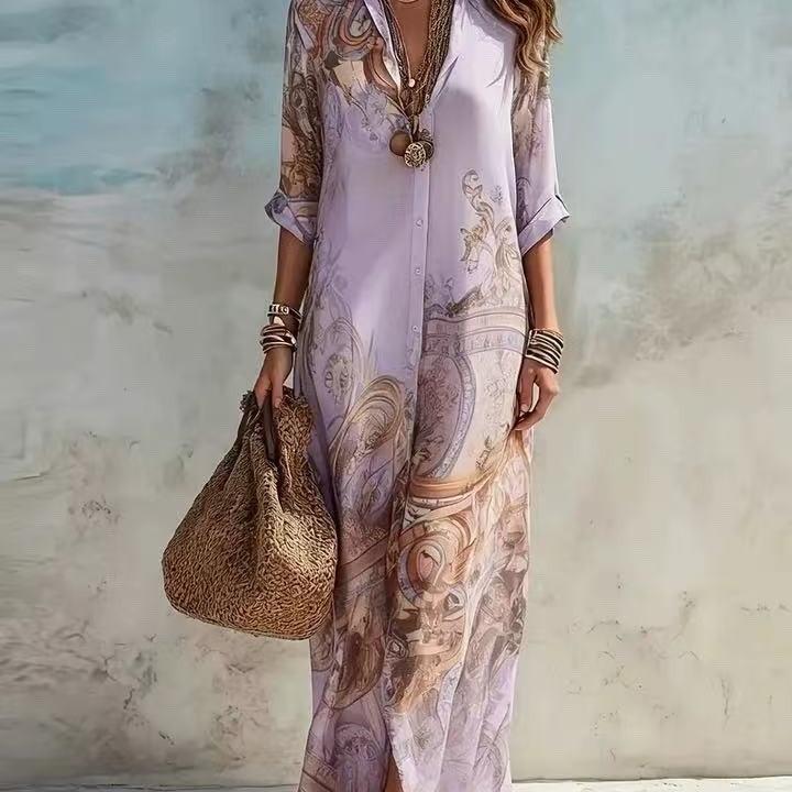Women's V-Neck Maxi Featuring an Ethnic Printed Color Pattern, Belted Waist, Plussize Curvy Clothing, Lady, Casual Wear, Women's Clothes, Elegant Dresses For Women