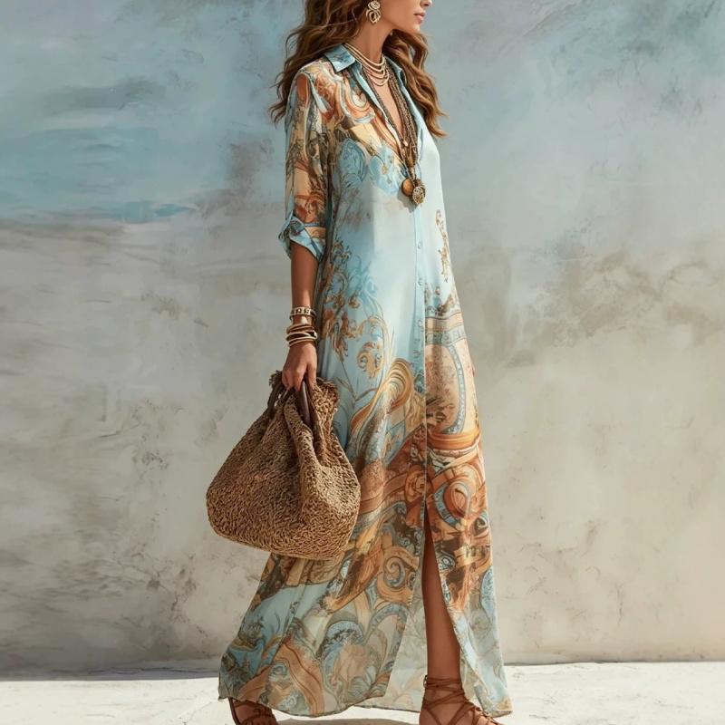 Women's V-Neck Maxi Featuring an Ethnic Printed Color Pattern, Belted Waist, Plussize Curvy Clothing, Lady, Casual Wear, Women's Clothes, Elegant Dresses For Women