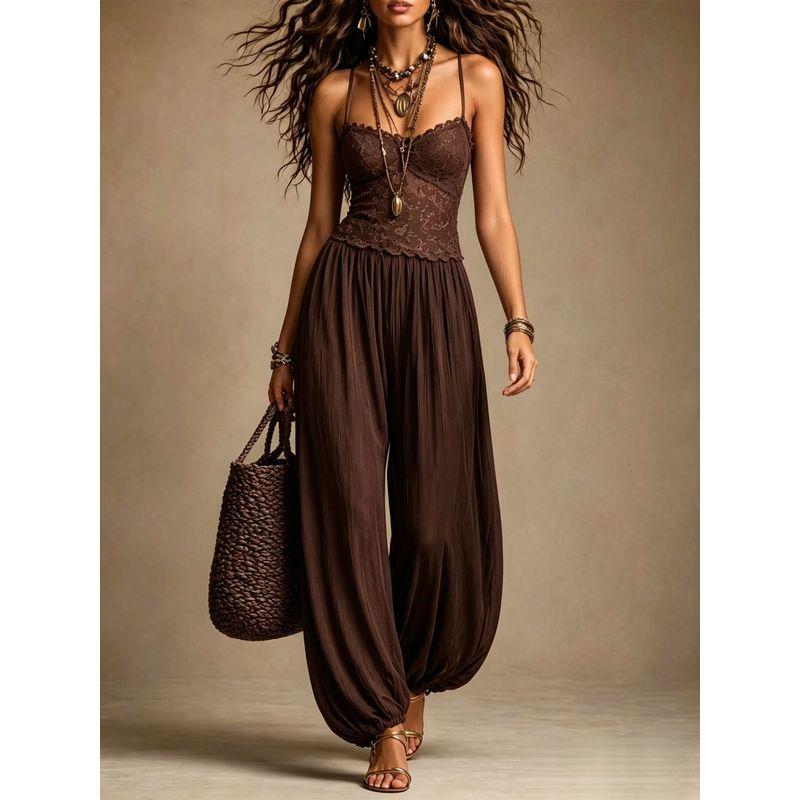 Women's 2026 New Bohemian Style Black Strap Chiffon Summer Sexy Lace Jumpsuit 10723