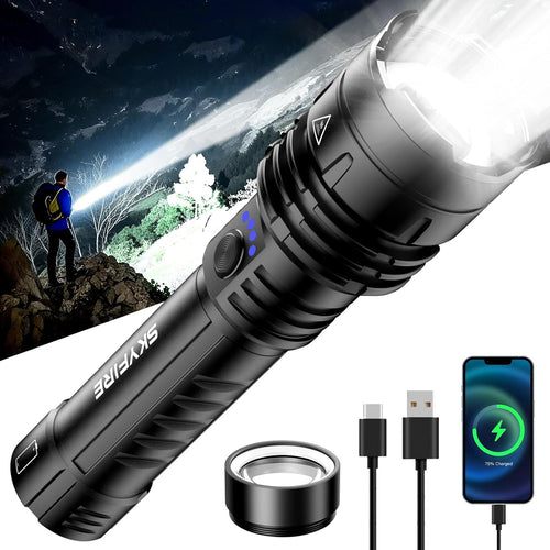 1376 LED Flashlights with Ignition Lens, Rechargeable 2000 High Lumens Super Bright Zoomable Flash Light, 5 Modes Waterproof Handheld Powerful Tactical Flashlight for Emergency Camping (Black)