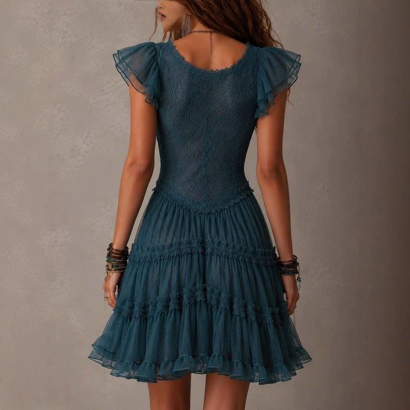 Women's lace dress with small flutter sleeves, waist-cinching straps, layered mesh cake skirt