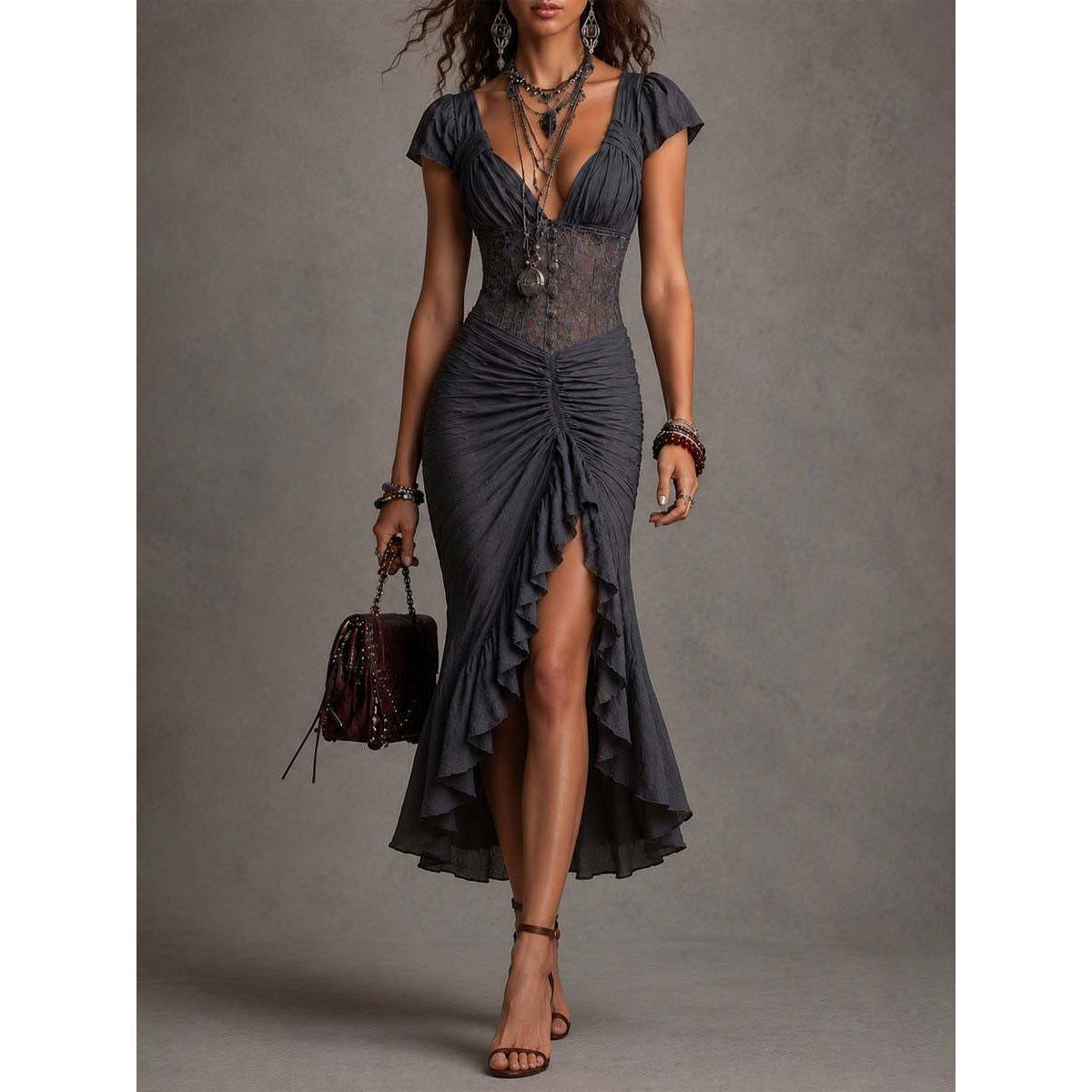 Vintage Short Sleeve Lace Maxi Dress
