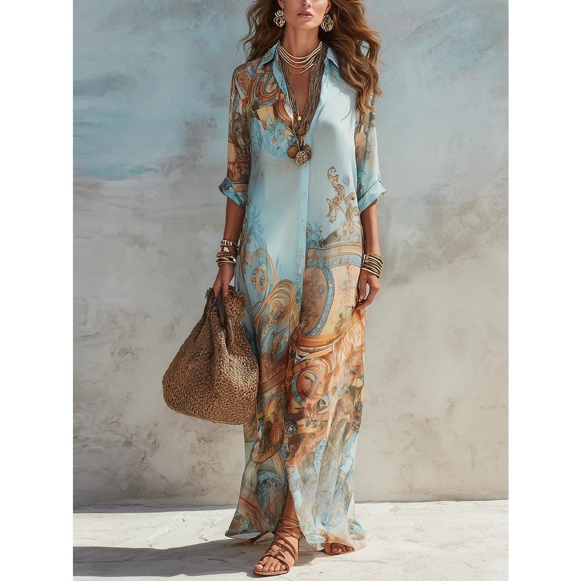 Women's V-Neck Maxi Featuring an Ethnic Printed Color Pattern, Belted Waist, Plussize Curvy Clothing, Lady, Casual Wear, Women's Clothes, Elegant Dresses For Women