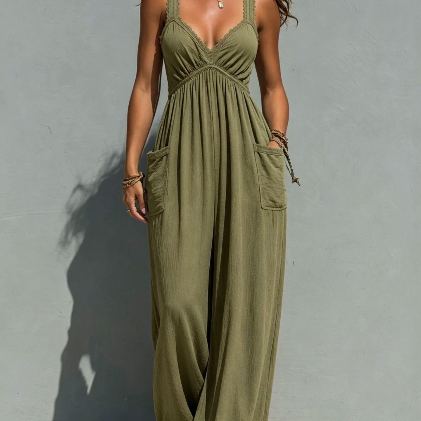 Women's Boho Lace Trim Wide-Leg Jumpsuit