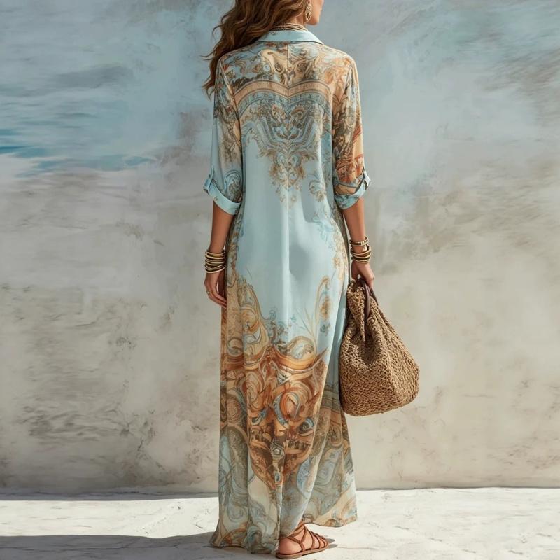 Women's V-Neck Maxi Featuring an Ethnic Printed Color Pattern, Belted Waist, Plussize Curvy Clothing, Lady, Casual Wear, Women's Clothes, Elegant Dresses For Women