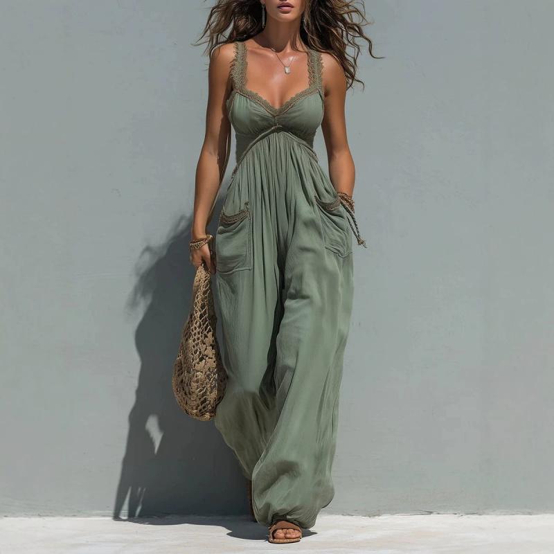 Women's Boho Lace Trim Wide-Leg Jumpsuit