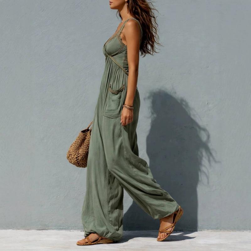 Women's Boho Lace Trim Wide-Leg Jumpsuit