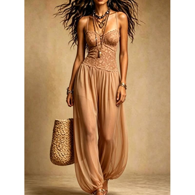 Women's 2026 New Bohemian Style Black Strap Chiffon Summer Sexy Lace Jumpsuit 10723
