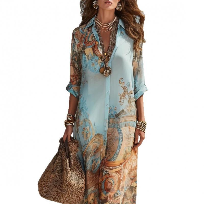 Women's V-Neck Maxi Featuring an Ethnic Printed Color Pattern, Belted Waist, Plussize Curvy Clothing, Lady, Casual Wear, Women's Clothes, Elegant Dresses For Women