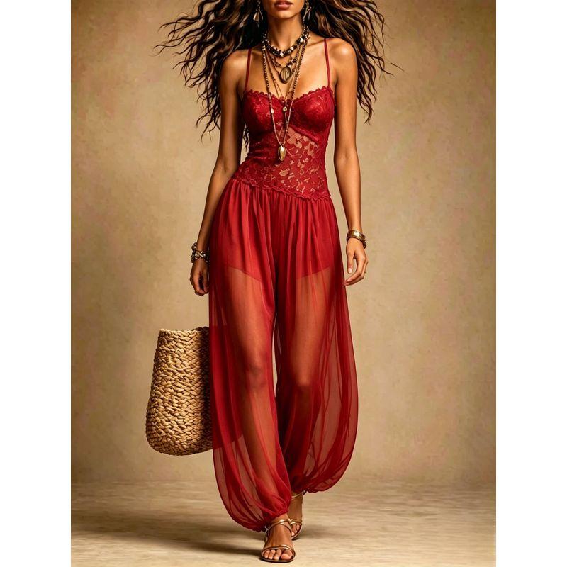Women's 2026 New Bohemian Style Black Strap Chiffon Summer Sexy Lace Jumpsuit 10723