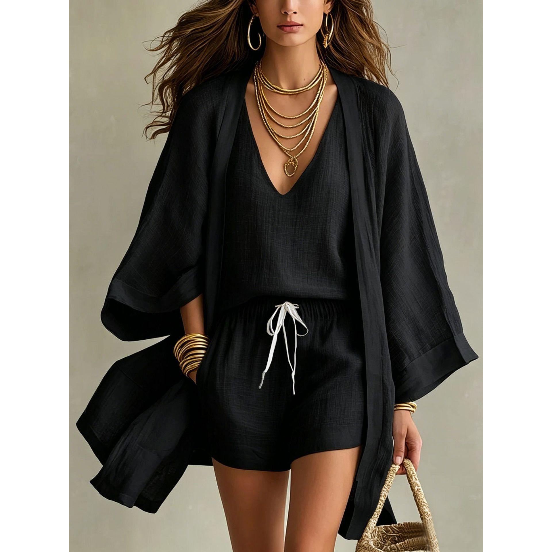 Women's three-piece set: loose-fitting mid-length cardigan, sleeveless vest, and shorts for casual wear