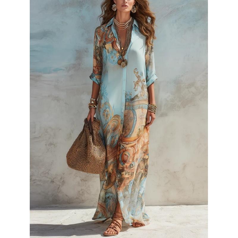 Women's V-Neck Maxi Featuring an Ethnic Printed Color Pattern, Belted Waist, Plussize Curvy Clothing, Lady, Casual Wear, Women's Clothes, Elegant Dresses For Women