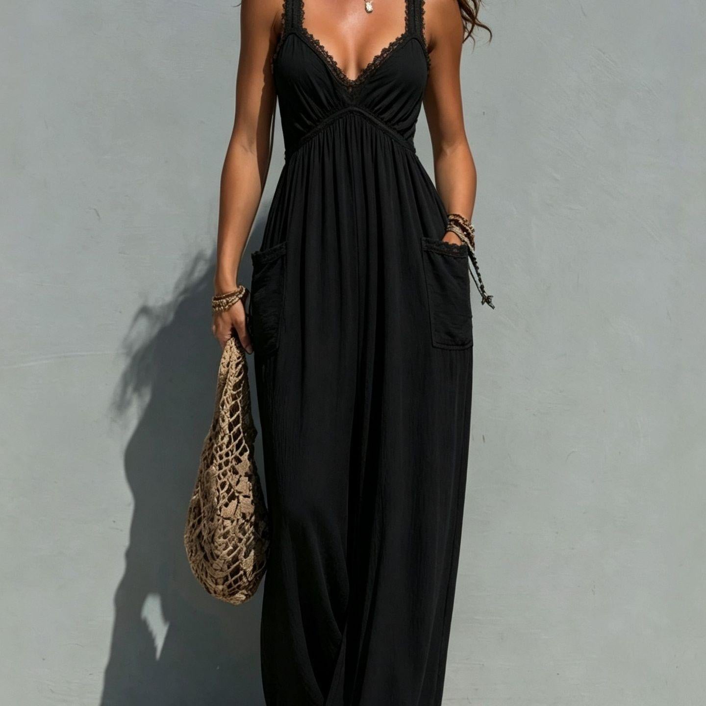 Women's Boho Lace Trim Wide-Leg Jumpsuit